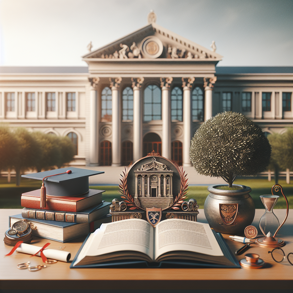 Academic setting with books. Graduation cap on desk. Open book with diploma. Decorative emblem of institution. Historic building in background.