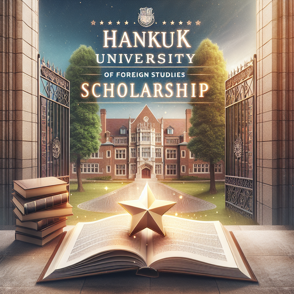 Hankuk University scholarship announcement. Open book with star. Historic campus building in background. Gates framed by trees. Bright, inspirational atmosphere.