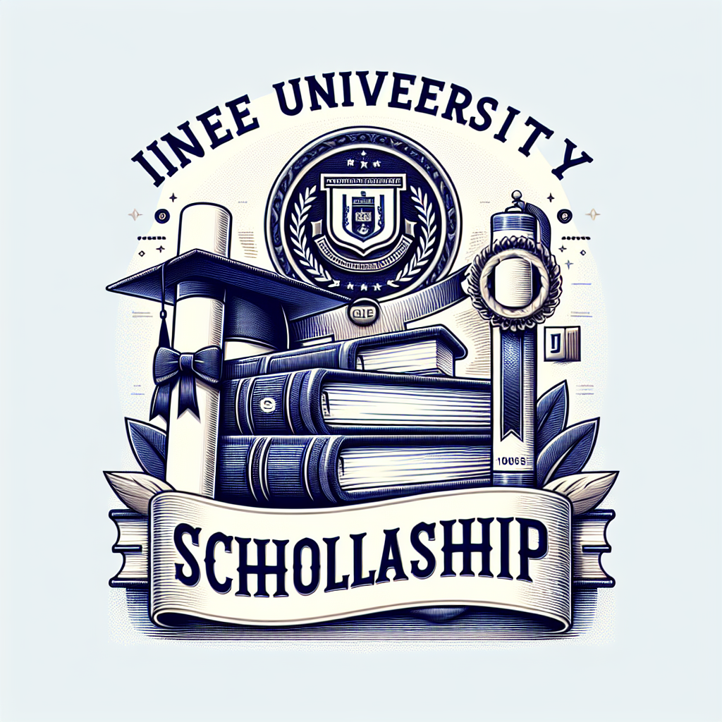 University logo and books. Graduation cap on top. Diploma with ribbon detail. "Scholarship" text prominently displayed. Navy blue and white colors.