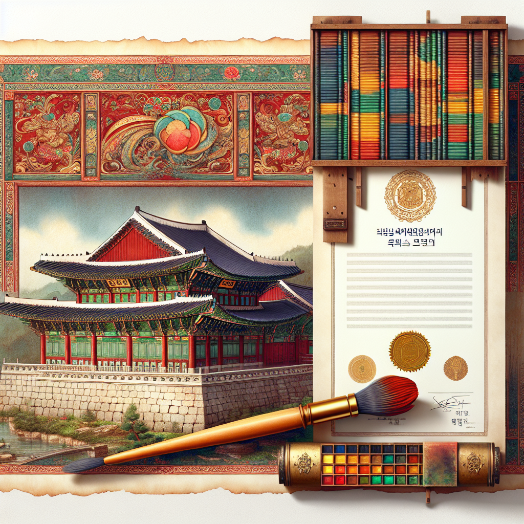 Traditional Korean palace illustration. Calligraphy brush and inks. Decorative border with vibrant colors. Framed certificate with seals. Colorful paint palette displayed.