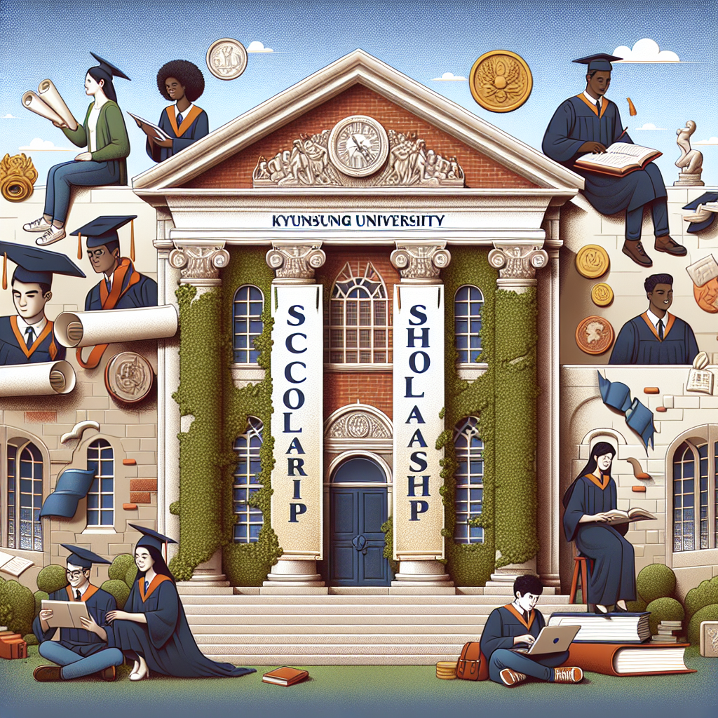 University building illustration. Graduates in various activities. Books and scrolls scattered. Coins and academic symbols. Lush greenery surrounding entrance.