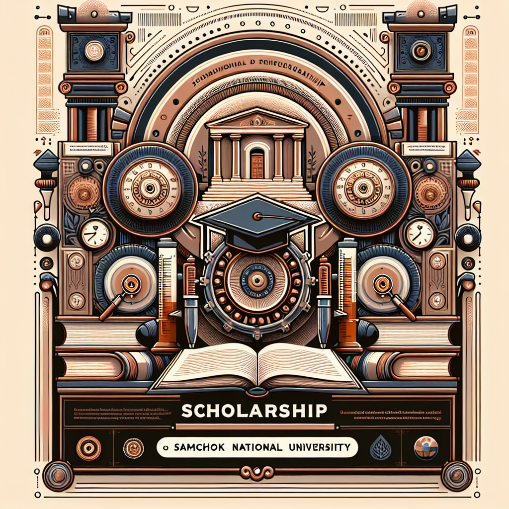 Scholarship theme graphic design. Graduation cap above open book. Samchok National University branding. Intricate gears and clocks. Stylized academic elements and tools.