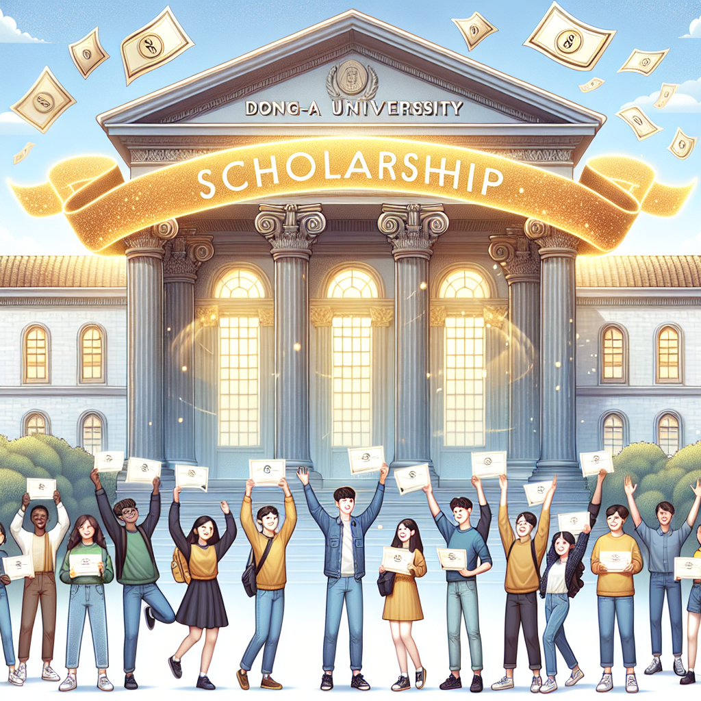 Students celebrating scholarship awards. Dong-A University building backdrop. Money-themed decorations and confetti. Joyful expressions and raised certificates. Gold ribbon banner labeled "SCHOLARSHIP."