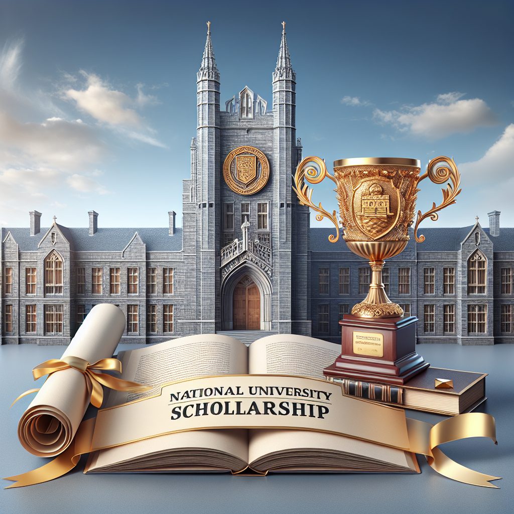 University building with trophy. Open book displaying scholarship. National University scholarship theme. Gold trophy with decorative details. Scroll tied with ribbon.