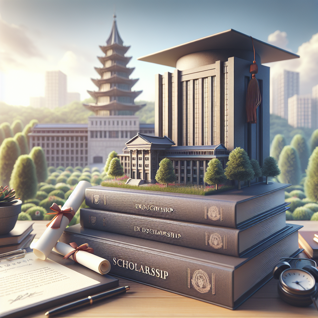 Graduation cap on books. Miniature university building. Surrounding landscaped greenery. Scholarship documents on desk. Distant pagoda in background.