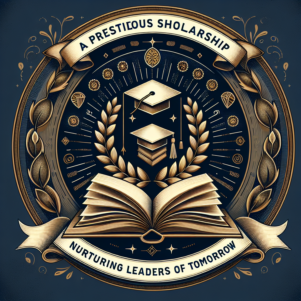 Scholarship emblem design. Open book illustration. Graduation caps and laurel. "Prestigious Scholarship" banner. "Nurturing Leaders of Tomorrow."