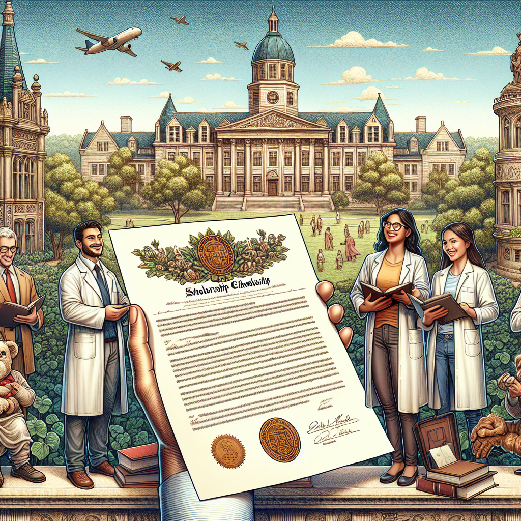 University campus with scholars. Students holding a scholarship. Prominent building in the background. Certificate features decorative seal. Clear blue sky with planes.