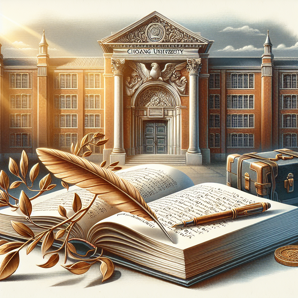 Citoang University building, open book, quill, suitcase, golden leaves.