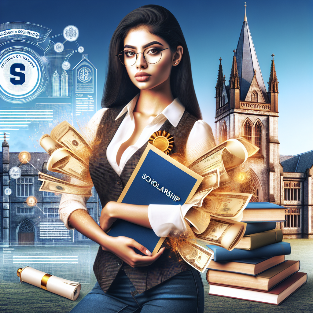 Scholarship recipient holding folder. Surrounded by money, books. University building in background. Woman with glasses, confidence. Gold medal emphasizing achievement.