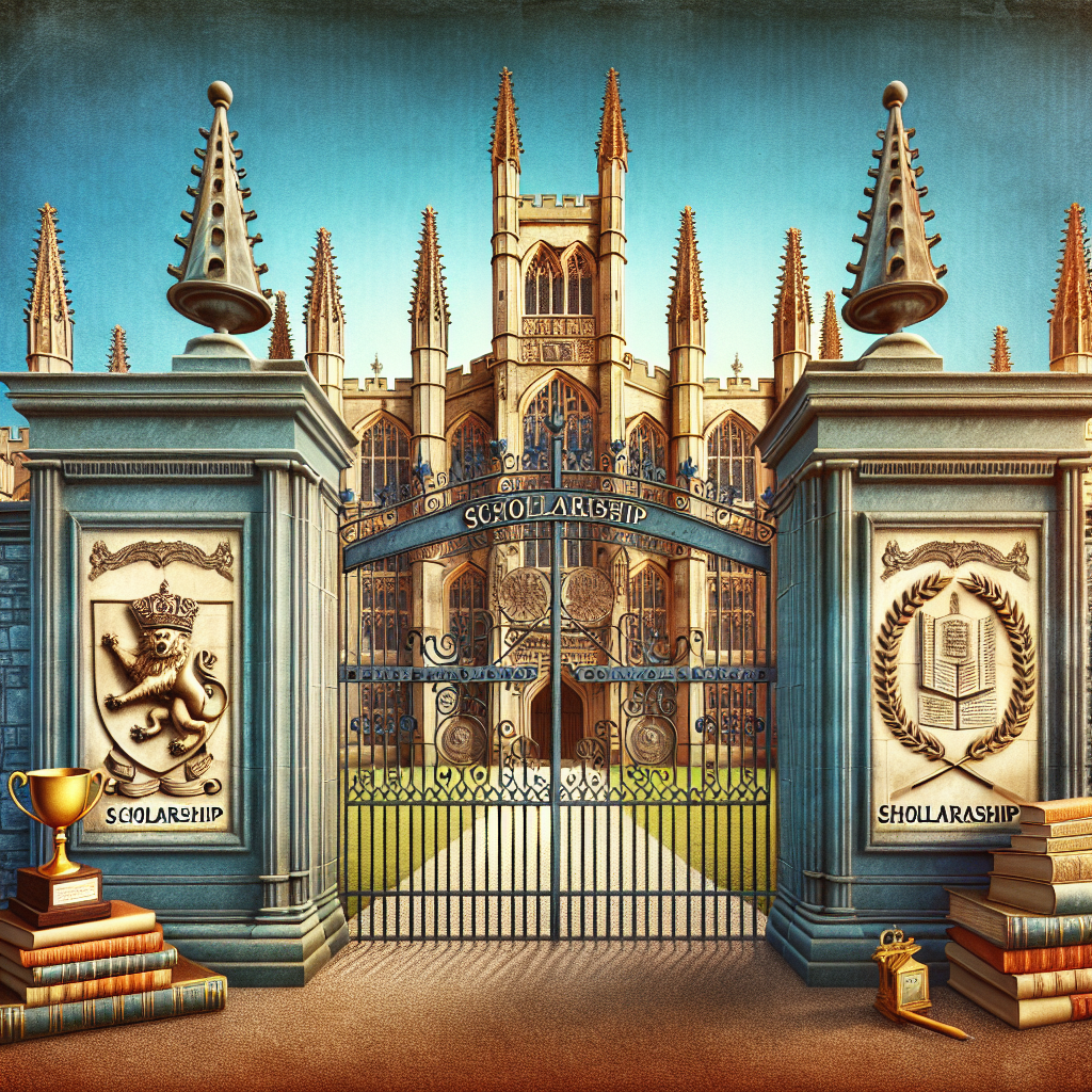 Grand university gate entrance. Intricate spires and architecture. Scholarship symbols displayed prominently. Books and trophy at forefront. Clear blue sky background.