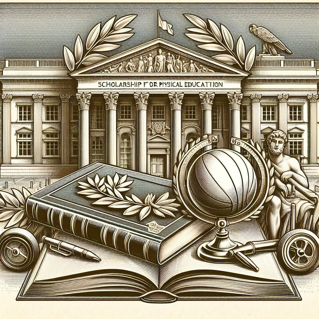 Scholarship for Physical Education. Classic building with columns. Open book with laurel leaves. Globe and basketball nearby. Statue of athlete in background.