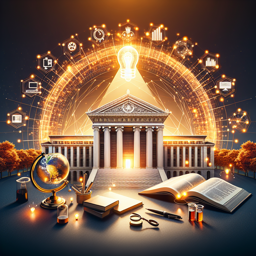 Illuminated academic building facade. Open book and writing tools. Globe and scientific instruments. Surrounded by glowing icons. Trees against a sunset backdrop.