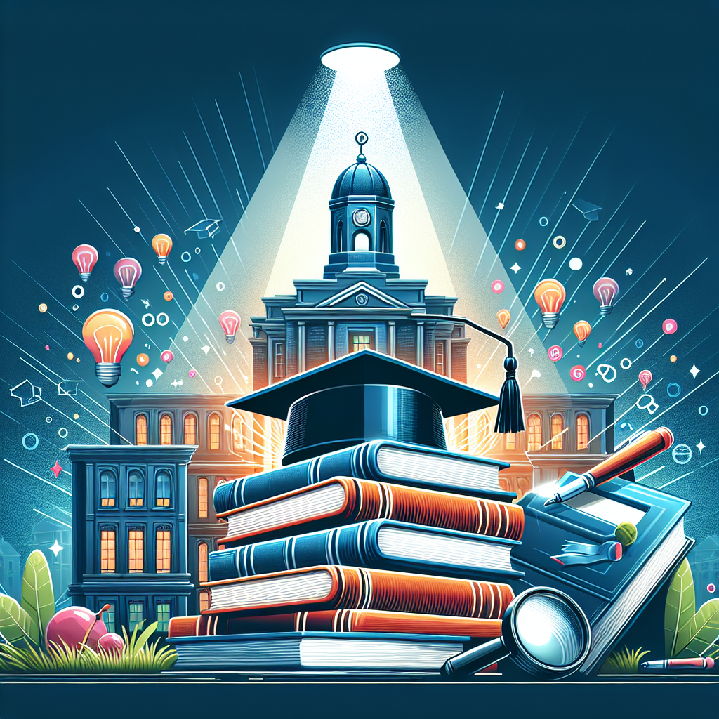 Graduation cap on books. Illuminated academic building. Colorful light bulbs above. Stationery items beside books. Bright, inspirational atmosphere.