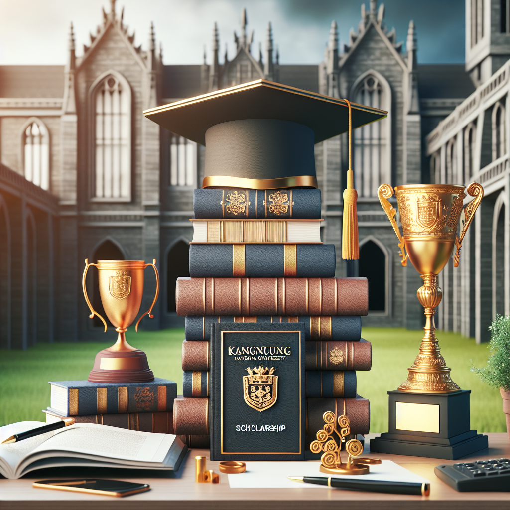 Graduation cap atop stacked books. Kangnung University scholarship document. Gold trophy and award cup. Classic university architecture background. Desk with stationery items.