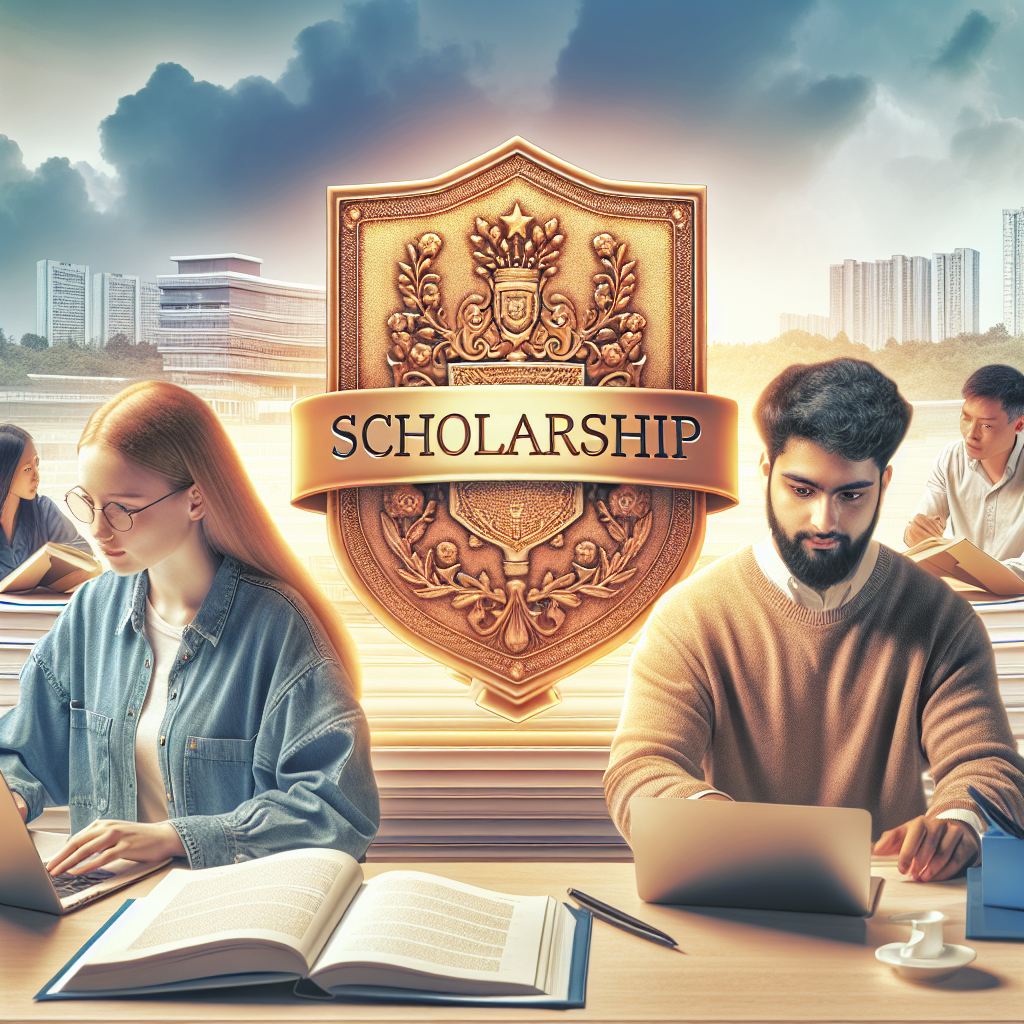 Scholarship emblem; students studying.