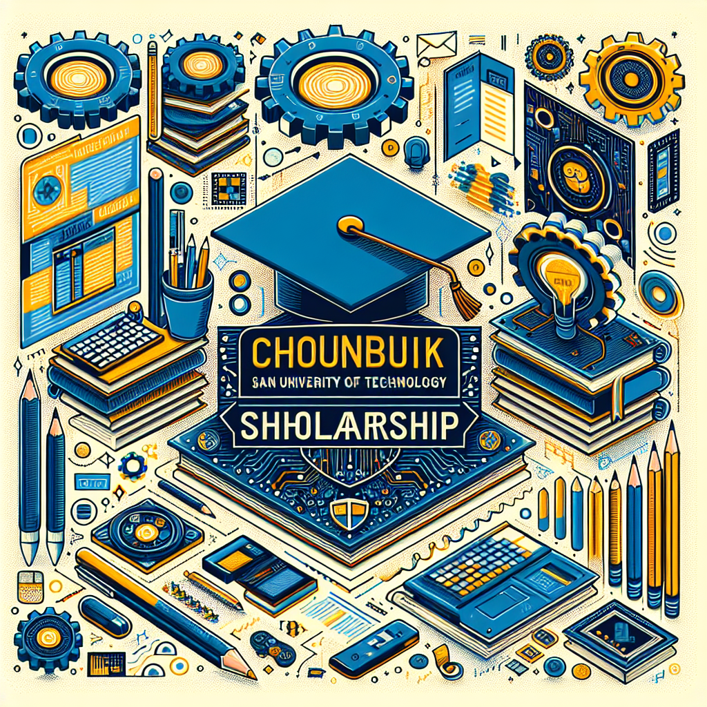 Graduation cap centerpiece design. "Chounbuik Scholarship" title prominent. Gear and pencil decorations. Books and technology elements. Bright blue and yellow color scheme.