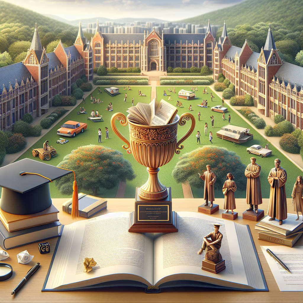 University campus with trophy. Open book and graduation cap. Statues of notable figures. Students enjoying outdoor activities. Surrounding hills in background.