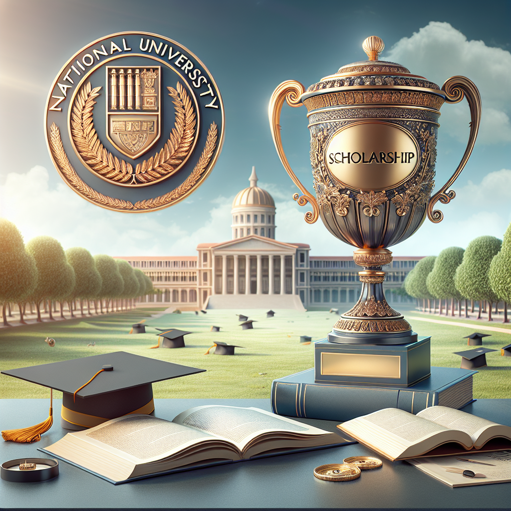 National University emblem displayed. Golden scholarship trophy centerpiece. Campus building in background. Graduation caps scattered on lawn. Books on table, academic theme.