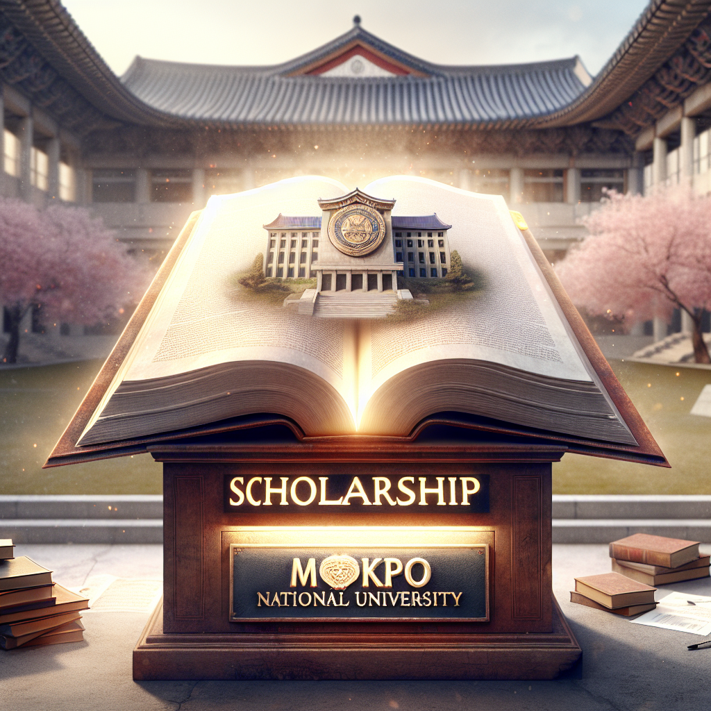 Open book with university illustration. "Scholarship" text illuminated. Mokpo National University depicted. Cherry blossoms in background. Traditional architectural setting.