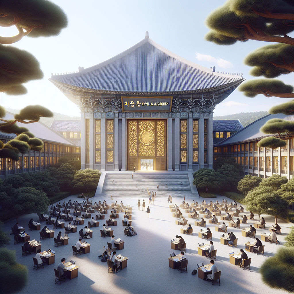 University courtyard with students. Imposing traditional architecture. Lush trees frame the scene. Sunlight creates warm atmosphere. Desks arranged for outdoor study.