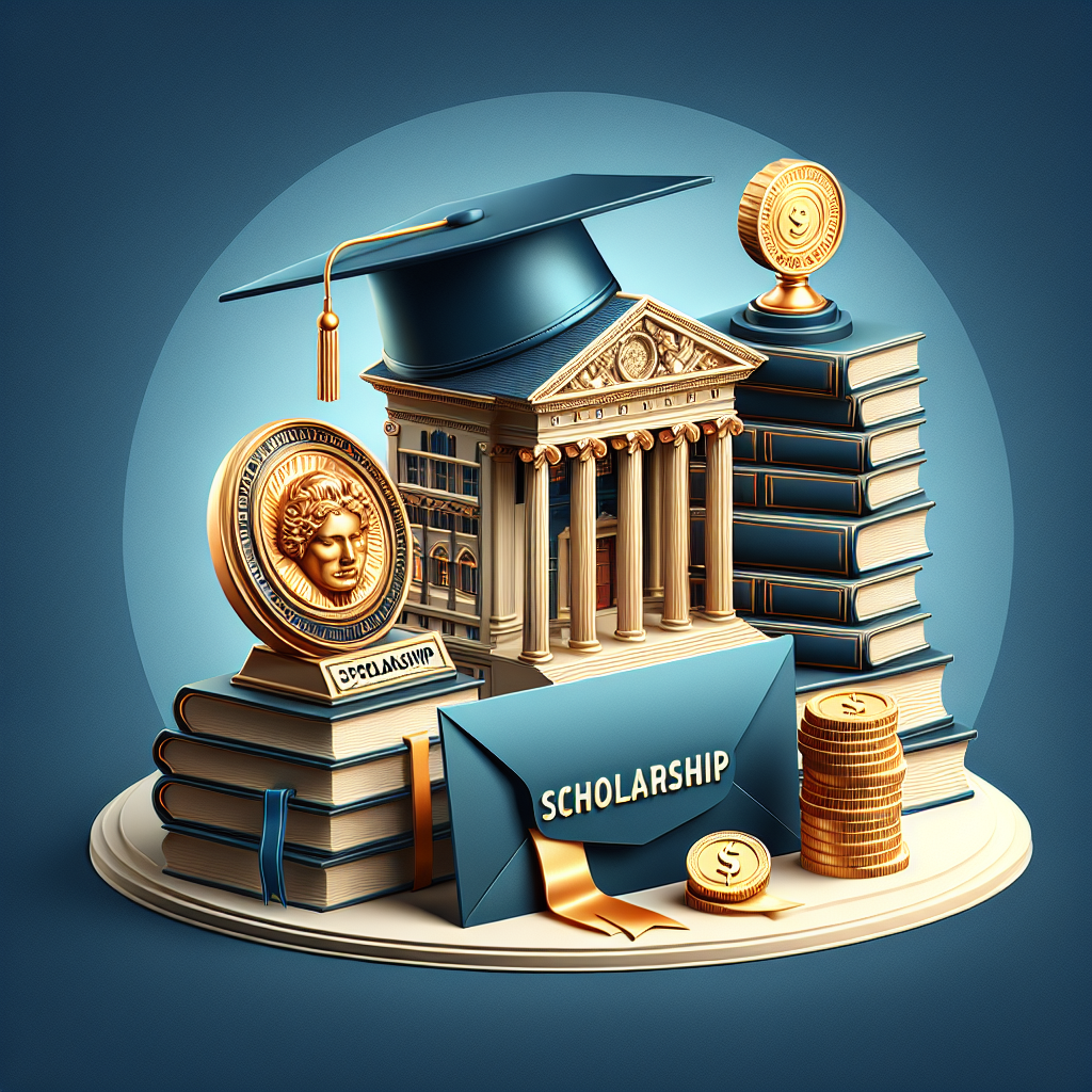 Graduation cap, diploma, books. Scholarship envelope, coins, statue. Classic building, academic symbols.