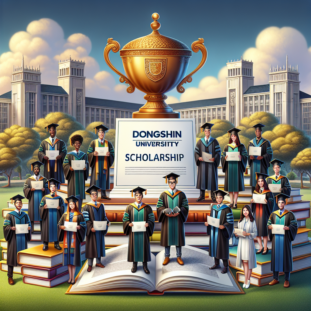 Graduates holding certificates. Dongshin University Scholarship trophy. Large open book backdrop. University building in background. Diverse group of graduates.