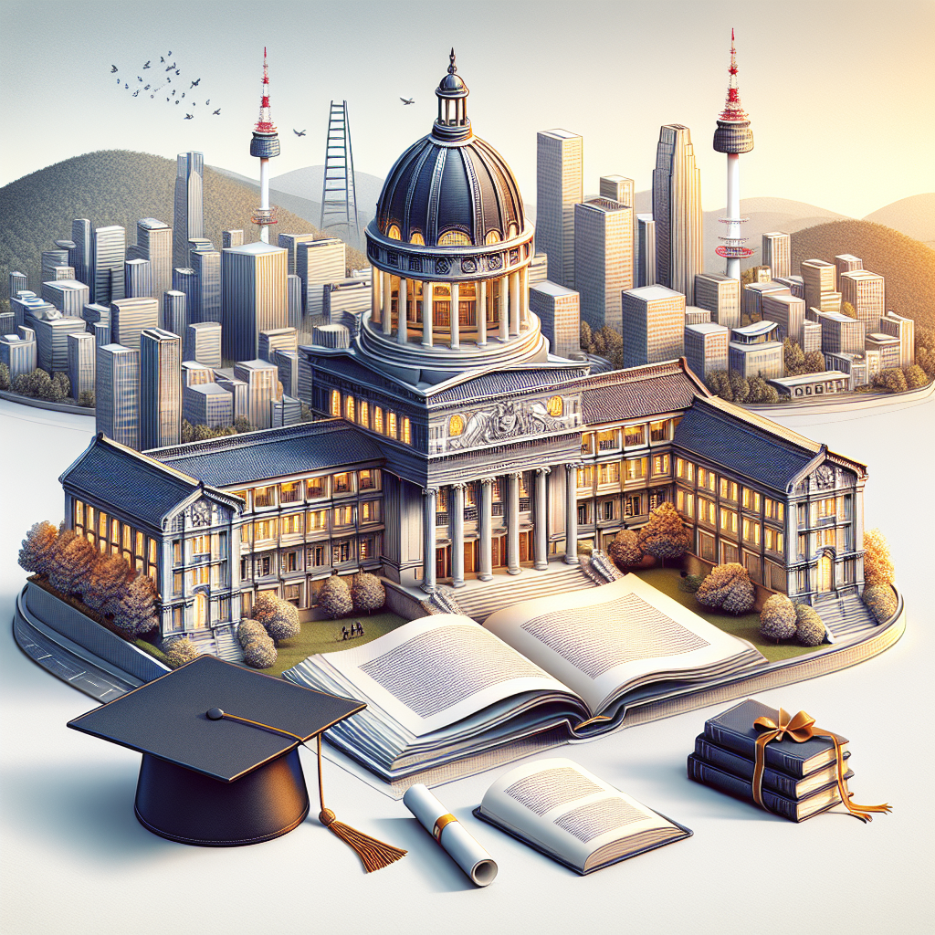 University building atop open book. Graduation cap in foreground. City skyline in background. Scroll and stacked books nearby. Warm evening lighting enhances scene.