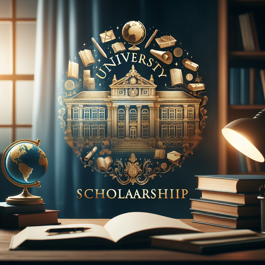 University emblem with globe. Books and stationery motifs. Warm, inviting study environment. Illuminated desk lamp nearby. Prominent "SCHOLAARSHIIP" text.