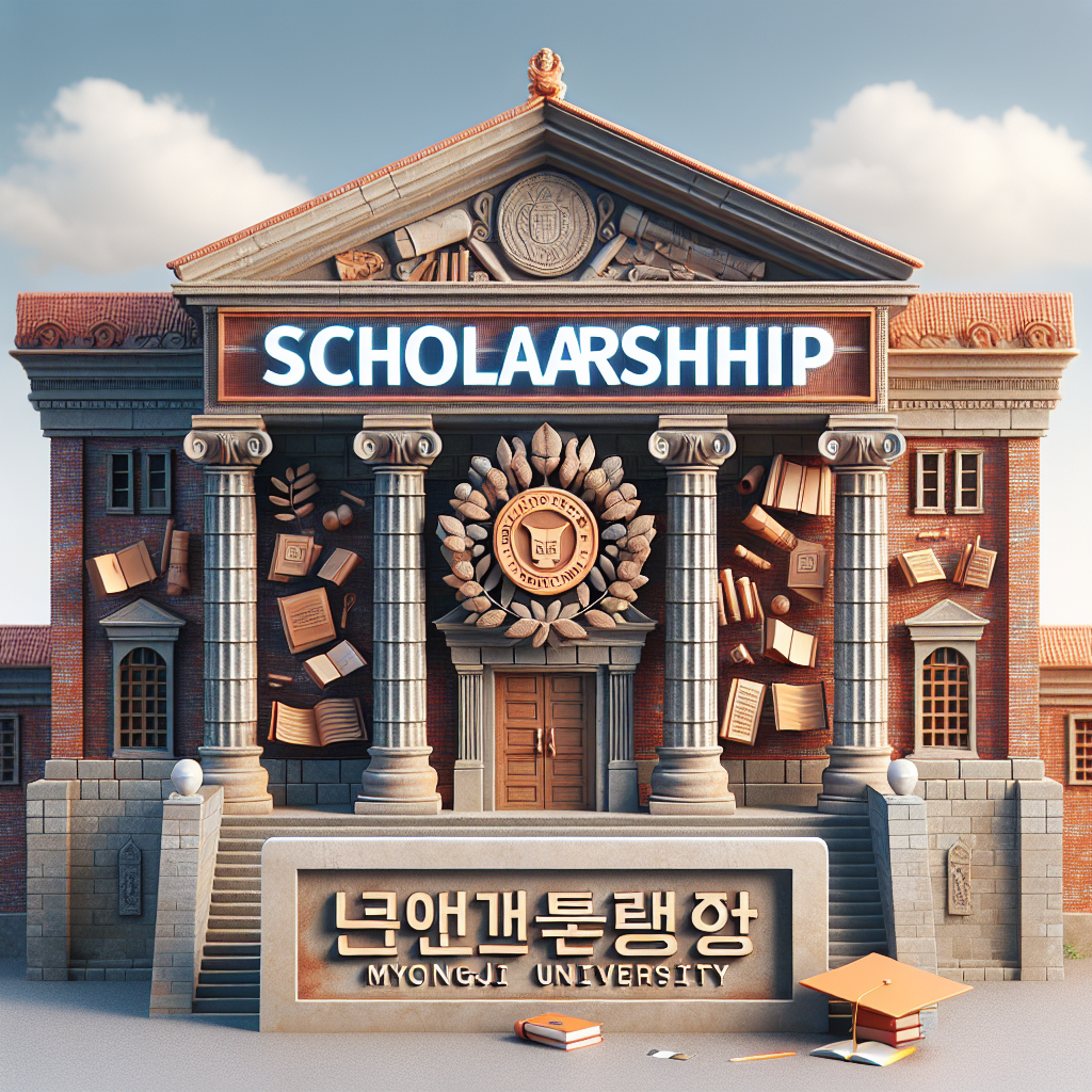 University building with books. Sign displaying "SCHOLARSHIP." Myongji University identity featured. Decorative emblem with laurel. Stairs leading to entrance.