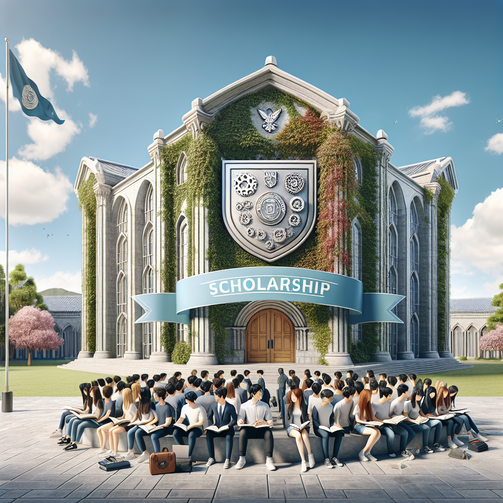 College building with ivy. "Scholarship" banner displayed prominently. Students seated in rows. Books held by many. Clear blue sky above.