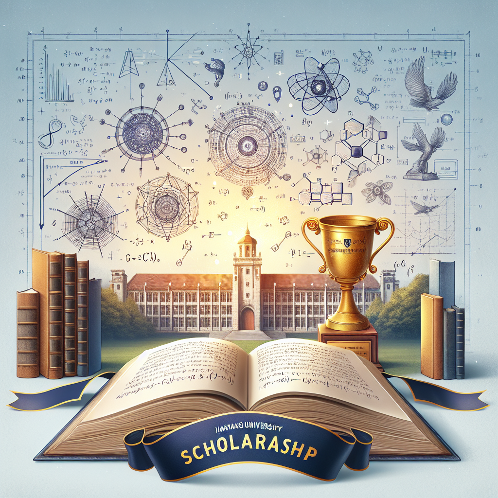 Golden trophy, open book, university. Scientific illustrations in background. Books stacked on the left. Scholarship banner at bottom. Sunrise behind university building.