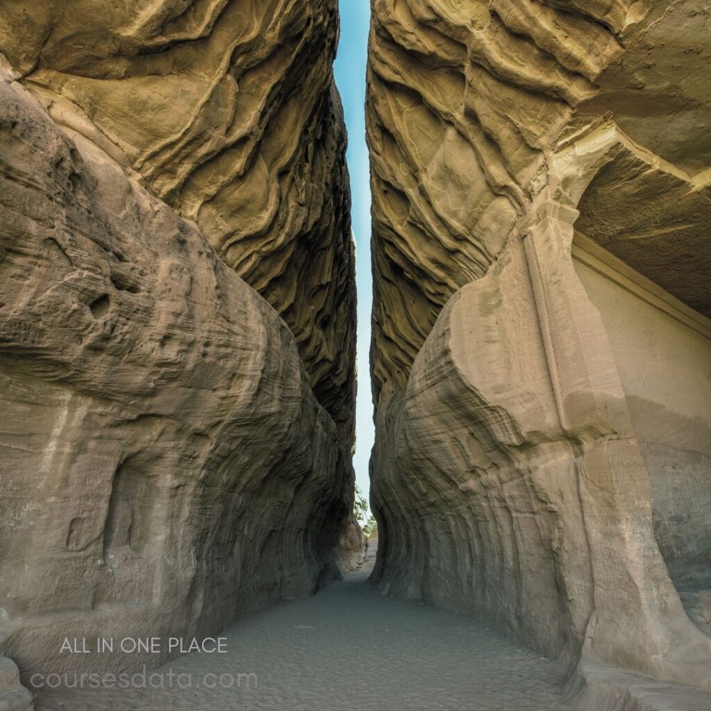 Narrow canyon between rock formations. Clear blue sky above. Sandy path beneath. Textured, layered stone walls. Natural sunlight illuminating scene.