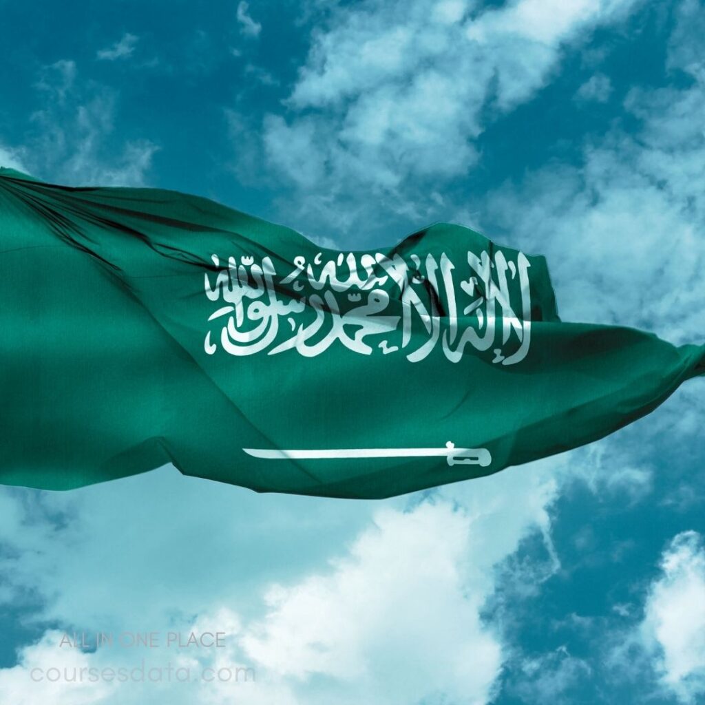 Saudi Arabian flag waving. Green background, white script. Sword emblem featured prominently. Fluffy clouds above. Bright sky atmosphere.