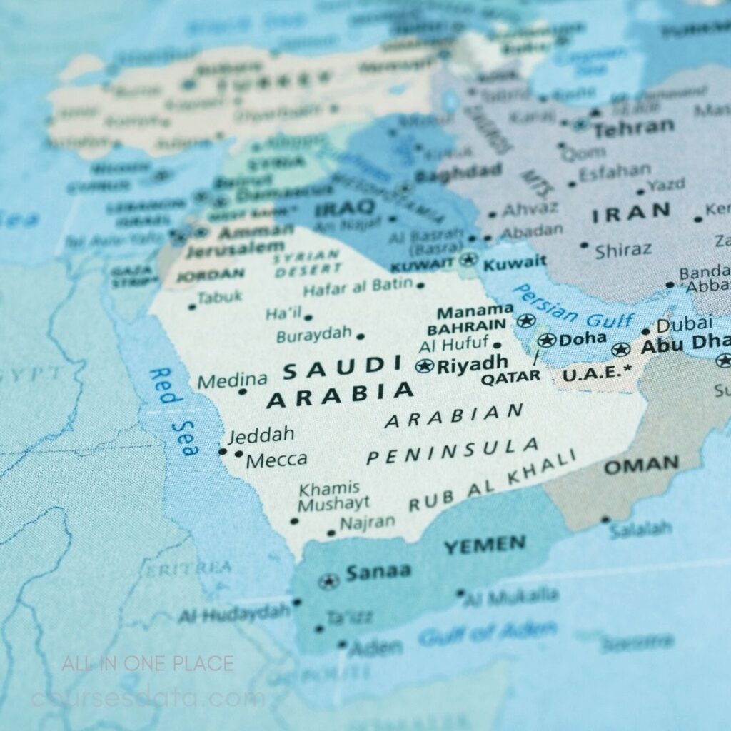 Map of Saudi Arabia region. Key cities labeled: Jeddah, Mecca. Adjacent countries: Iraq, Yemen. Features Arabian Peninsula coastline.