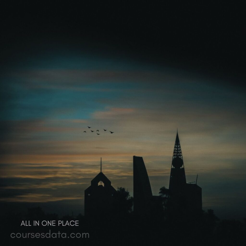 Silhouetted buildings at dusk. Colorful sunset sky backdrop. Flock of birds flying. Text: "All in one place". Coursesdata.com watermark.