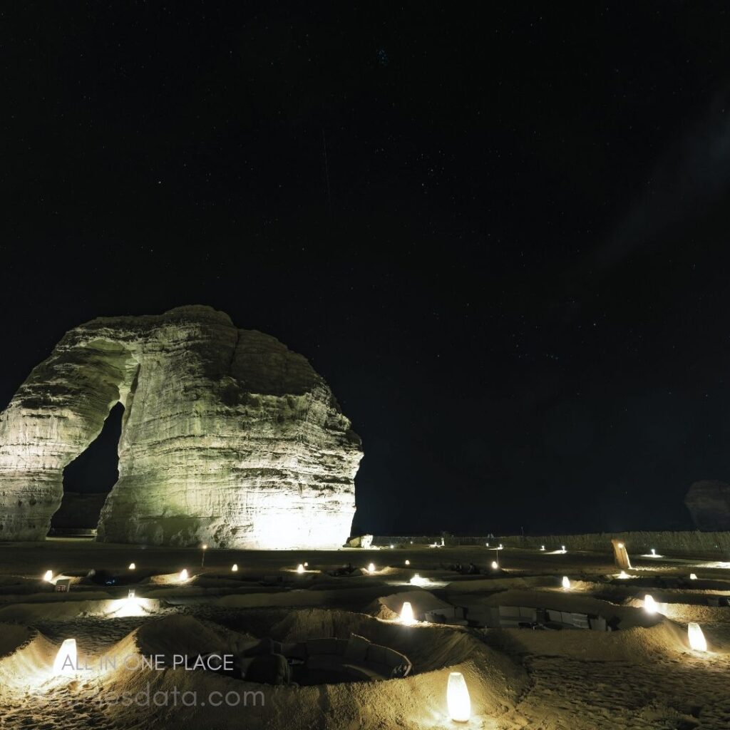 Nighttime rock formation illuminated. Surrounding sandy area with lights. Starry sky in background.