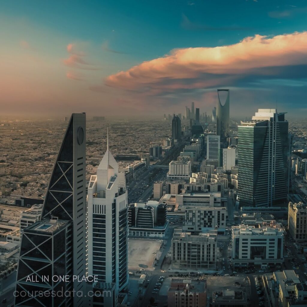 Skyline of Riyadh city. Distinctive modern skyscrapers. Colorful clouds at sunset. Urban landscape extends far. Wide roads with traffic.