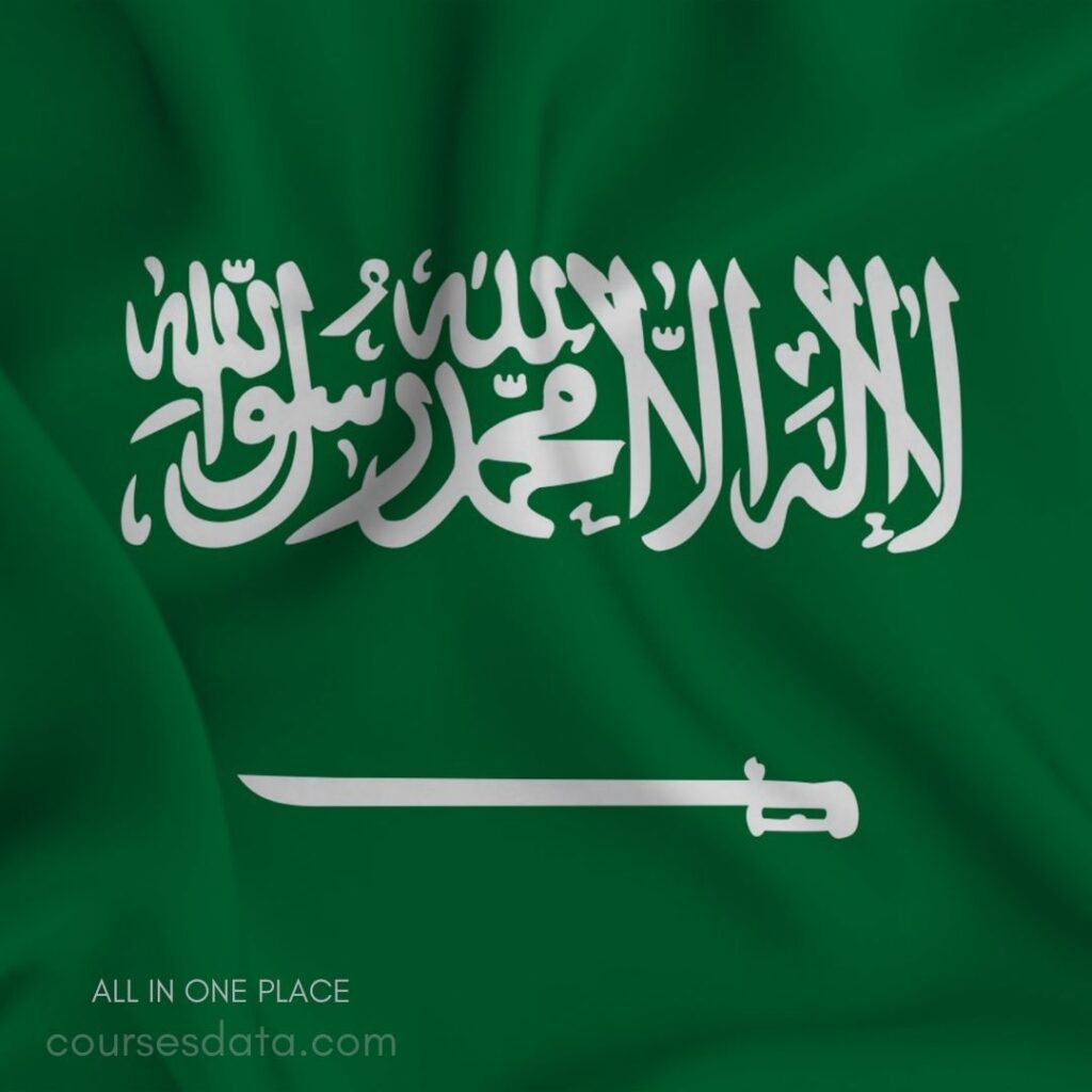 Saudi Arabian flag design. Green background with script. White Arabic inscriptions displayed prominently. Decorative sword beneath calligraphy.