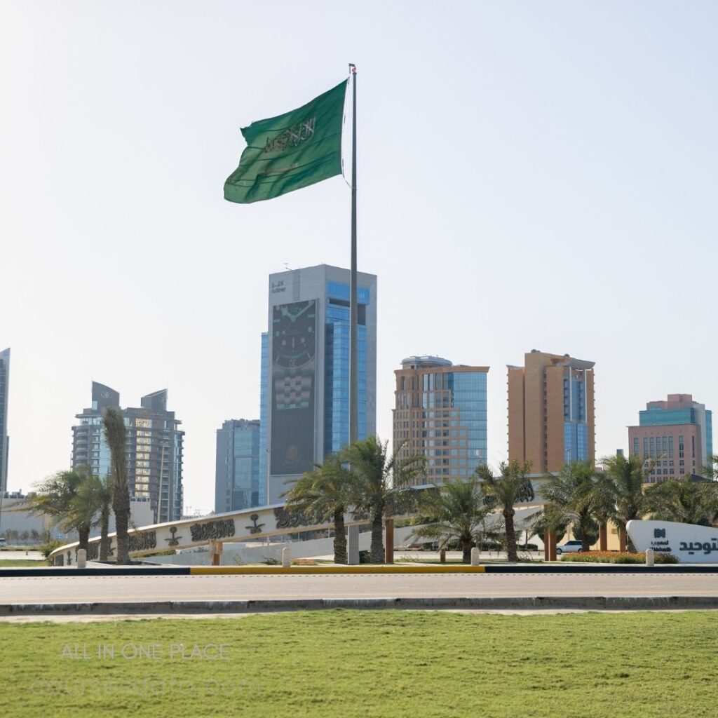 Saudi flag flying high. Modern buildings in background. Palm trees lining the foreground. Clear blue sky above. Vibrant urban landscape scene.