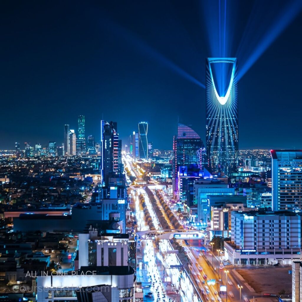 Night skyline of Riyadh. Illuminated buildings and roads. Distinctive modern architecture. Bright beams of light. Vibrant city atmosphere.