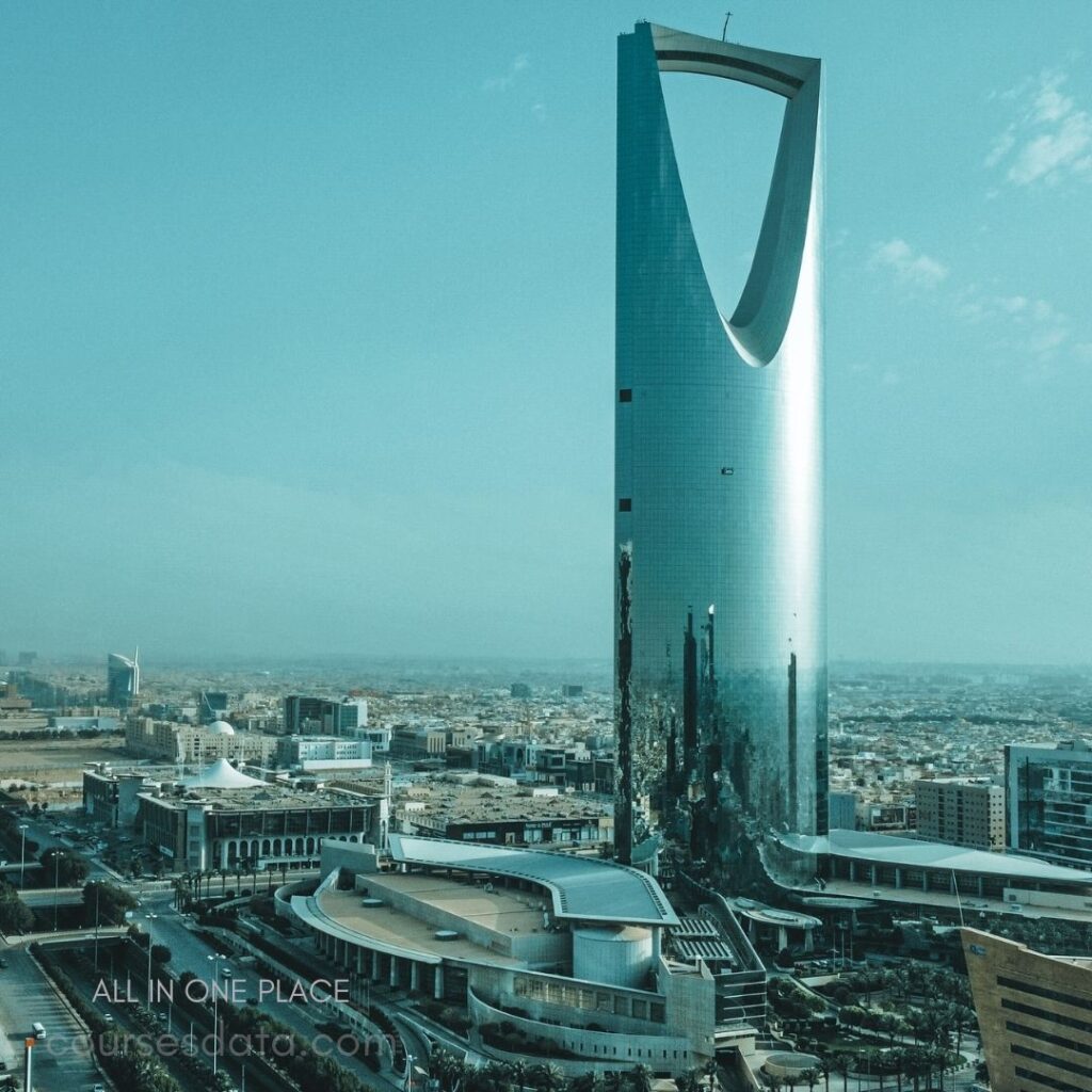 Skyline featuring iconic tower. Modern architecture with reflective surface. Urban landscape with sprawling city. Clear blue sky in background. Nearby buildings with diverse designs.