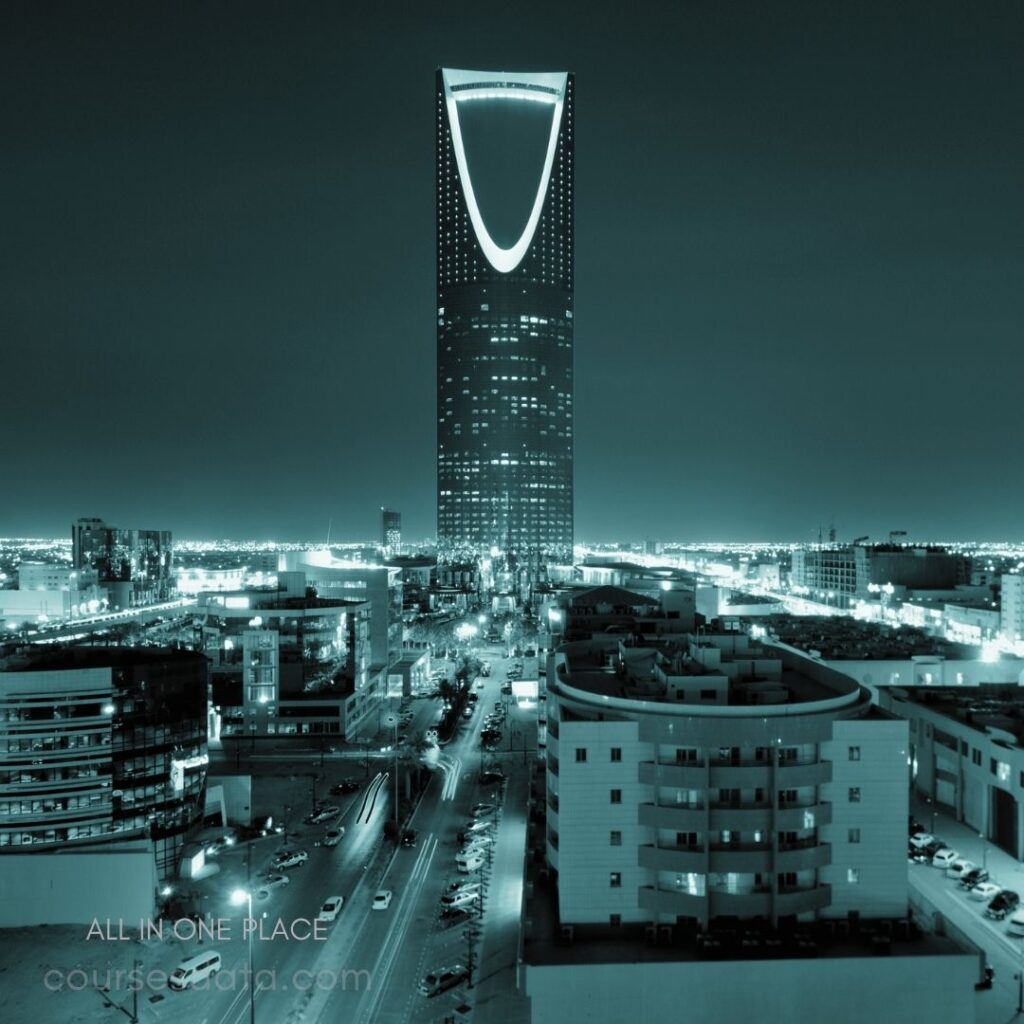 Tall skyscraper at night. Illuminated with modern design. Busy city street below. Bright lights and urban landscape. Aerial view of cityscape.