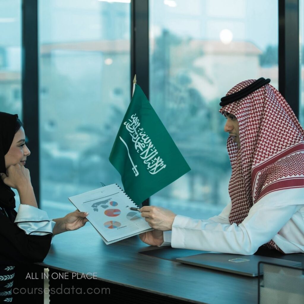 Business meeting, discussing charts. Saudi flag prominently displayed. Woman in traditional black attire. Man in traditional Saudi dress. Modern office setting, bright light.