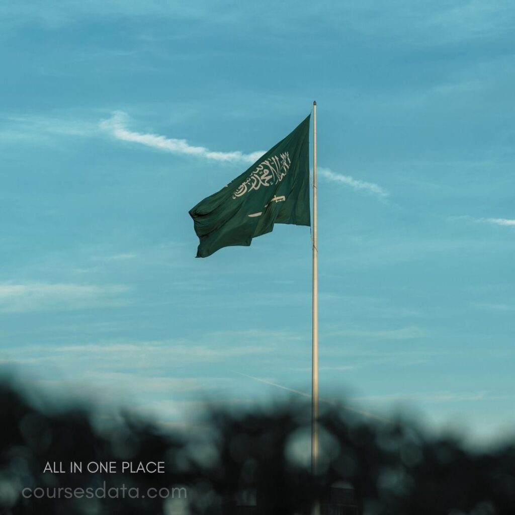 Saudi Arabian flag waving. Blue sky background. Green flag with white script.