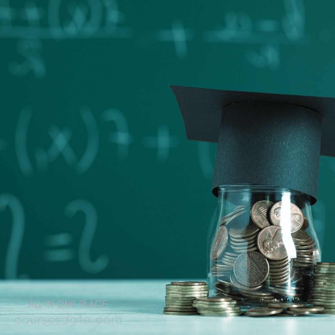 Graduation cap on glass jar. Jar filled with coins. Chalkboard with math symbols. Stacked coins beside the jar. Educational finance concept illustration.