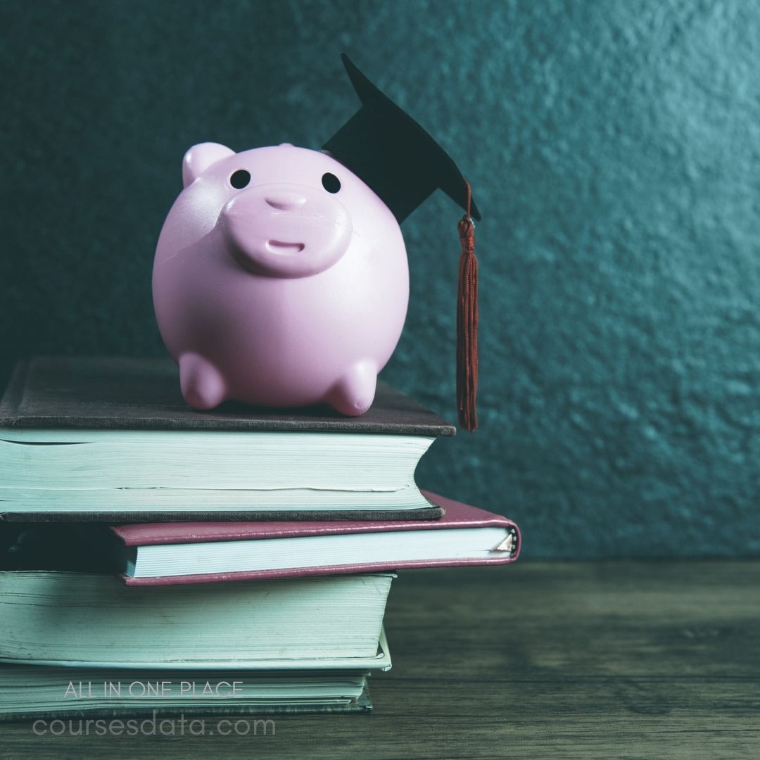 Pink piggy bank with graduation cap. Stacked books beneath it. Dark textured background.