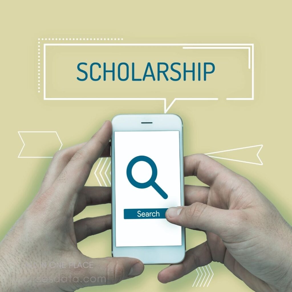 Hands holding smartphone, "Search" displayed. Green background, "SCHOLARSHIP" text.