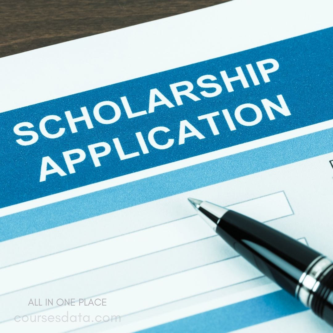 Scholarship application form. Blue background. Black pen positioned nearby. Lines for information details. Website footer present.