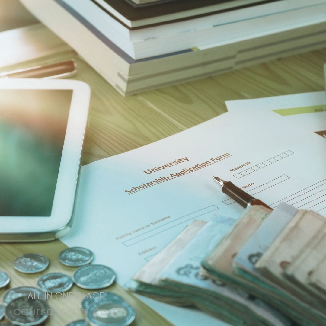 University scholarship application form. Tablet and pen nearby. Scattered coins and cash. Stack of books in background.