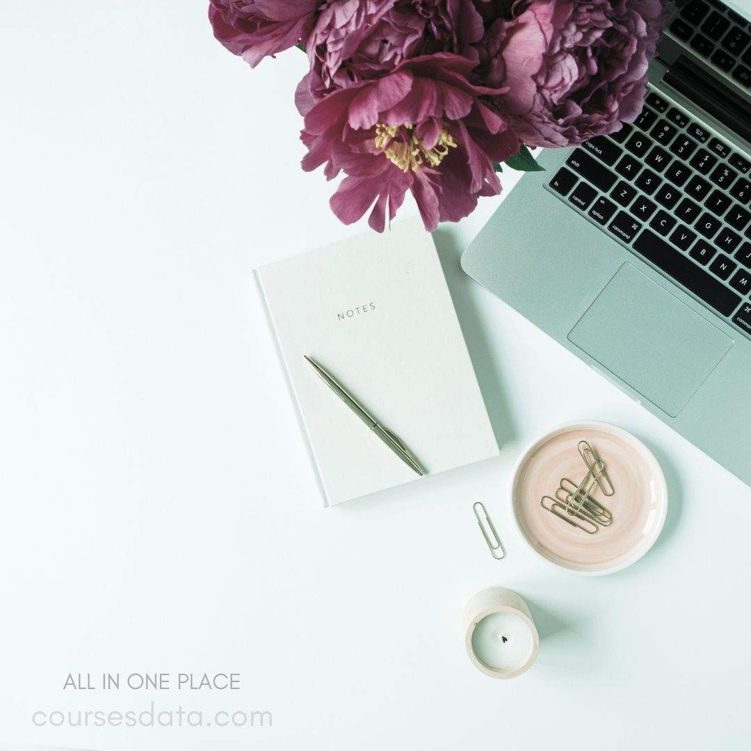 Laptop, notebook, and flowers. Gold pen beside notebook. Pink bowl with paperclips. Candle adds minimalistic touch. Clean, organized workspace aesthetic.